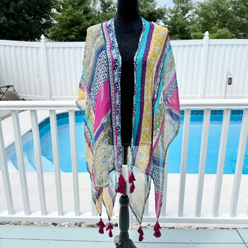 Rising Tide Boho Open-Front Kimono Cover-Up with Tassels New with Tag One Size